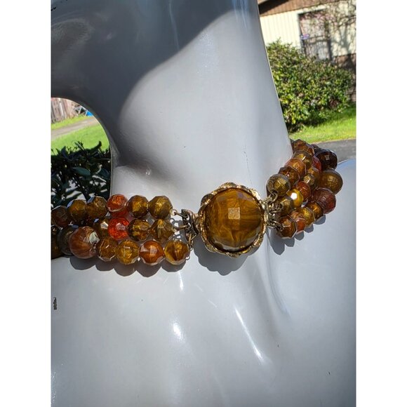 Vintage Multi-Strand Amber & Brown Beaded Choker Necklace With Gold-Tone Clasp - Picture 2 of 16